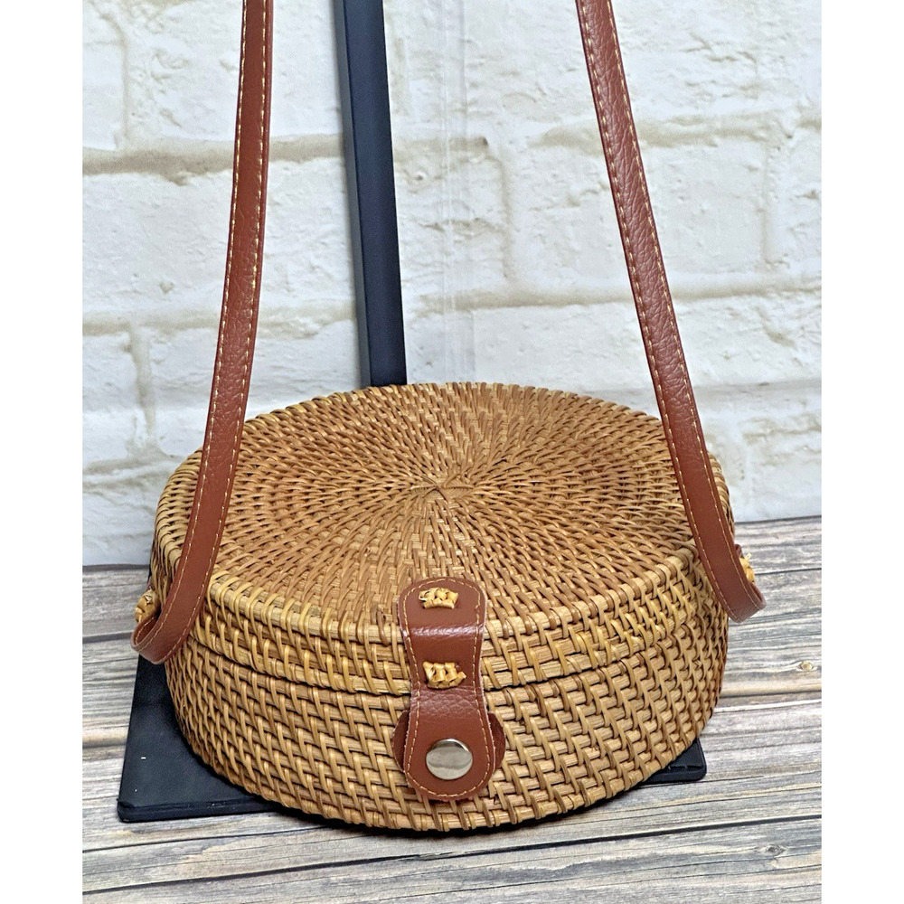 Vintage Wicker Rattan Circle Canteen‎ Style Boho Crossbody Bag Purse - Picture 16 of 16